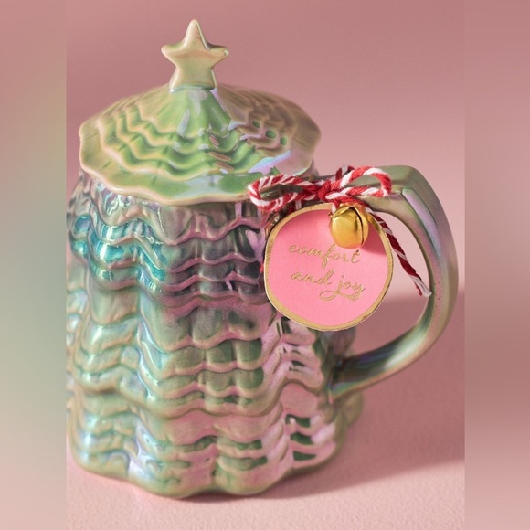 Anthropologie Merry Luster Holly Tree Lidded Stoneware Coffee Tea Mug Cup NWT - Picture 8 of 8